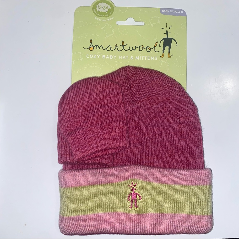 NEW Smartwool Pink Baby Hat and Mittens Set, size 12-24